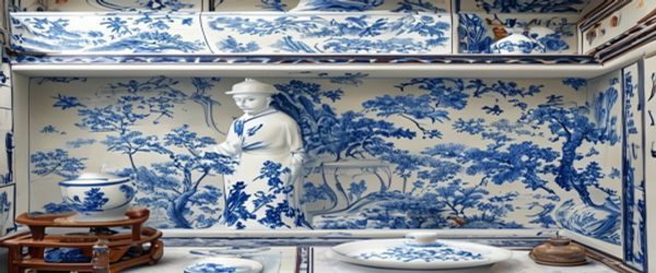 景德镇青花瓷工坊内，非遗大师正在白瓷胎上描绘山水图案，亚洲精品瓷器在窑炉蓝光中散发神秘东方气质